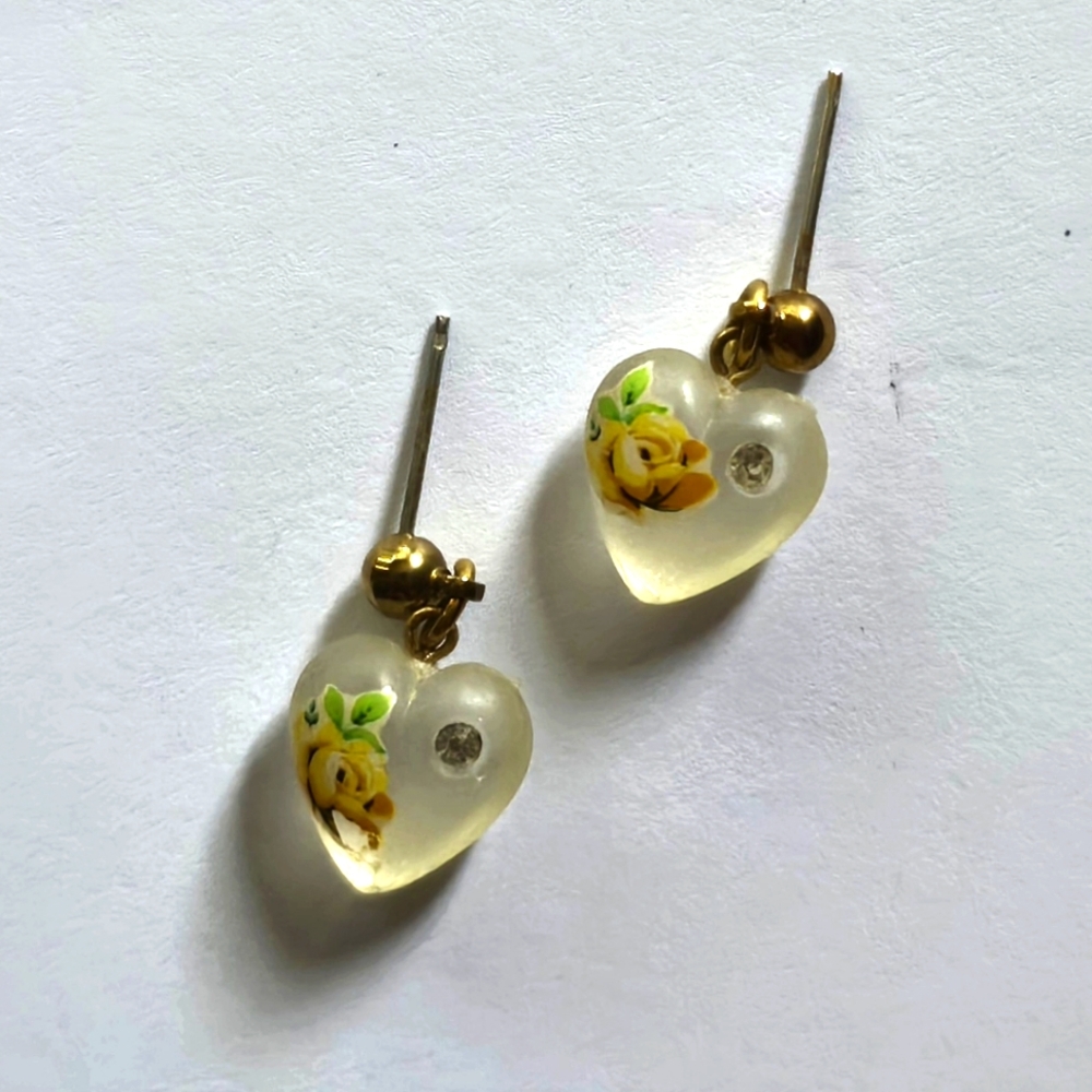 HAND PAINTED HEART CZ ACCENT DANGLE DROP NEW EARRINGS